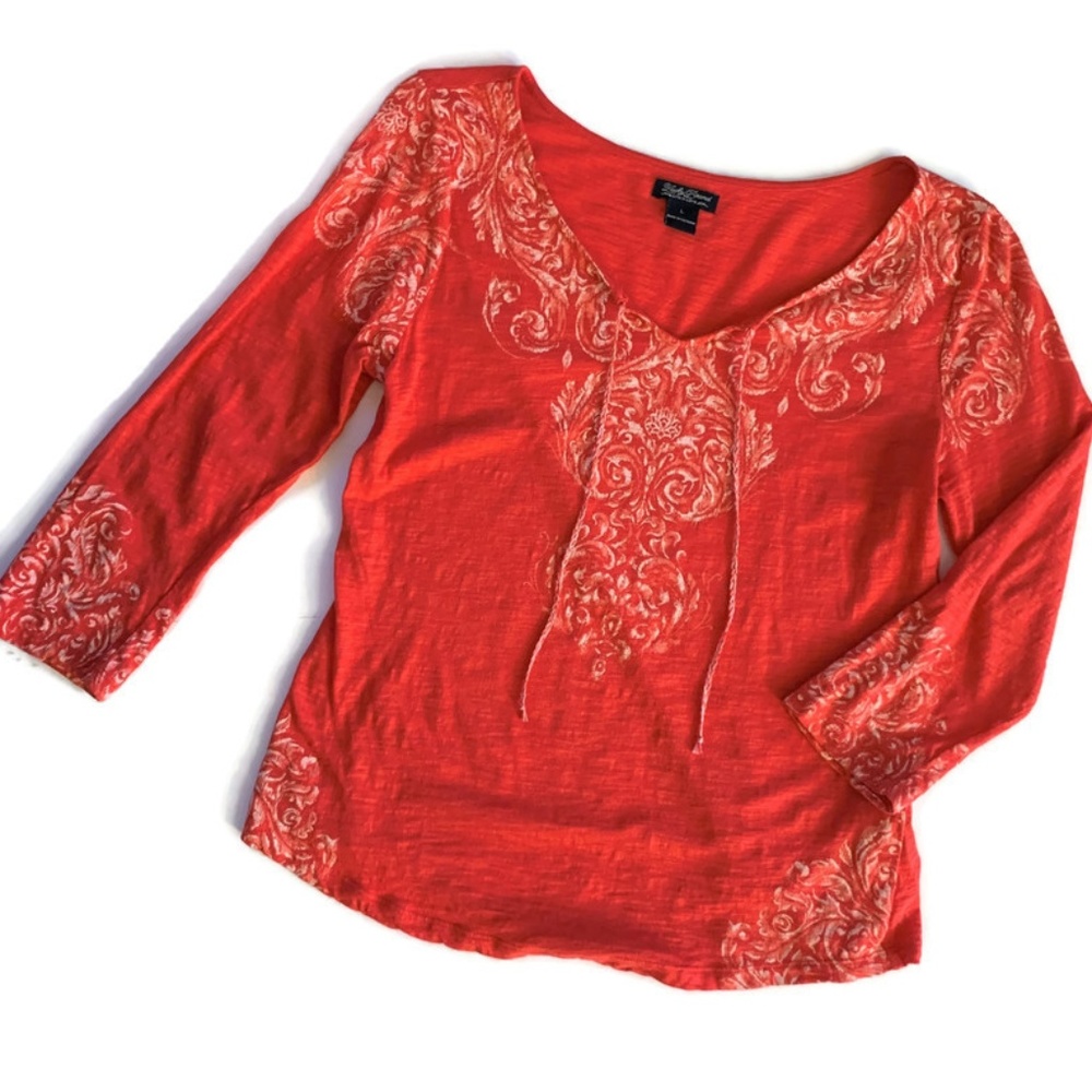 Lucky Brand Red Boho Print Knit Top ~ Large